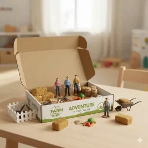 A box of essential farm toy accessories, such as fencing, hay bales, and miniature farmers, to enhance the big farm toys collection.