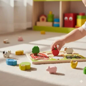 Farm-themed wooden puzzle pieces or small toy animals being used for an educational sorting game, highlighting the learning value of farm toys.