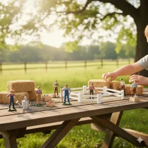 Miniature farmer figures and accessories like hay bales and fences that enhance the play experience with other farm toys for kids.