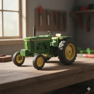 Close-up shot of a classic John Deere green 1/64 scale diecast tractor model with rubber tires and a detailed cab interior.