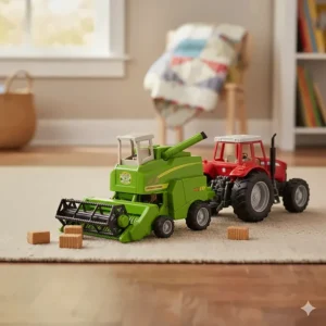 A miniature green toy hay baler attachment being pulled by a tractor, showcasing a realistic piece of big farm toys equipment.