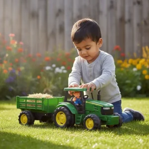 Close-up of a child playing with a realistic green toy tractor and trailer set, perfect for imaginative farm play.