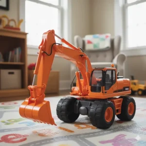 An orange, heavy-duty farm digger or excavator toy with a working scooping arm, an exciting addition to any big farm toys collection.