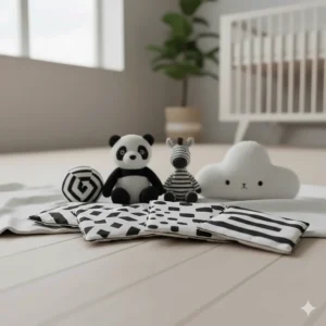 High-contrast black and white flashcards and soft toys to stimulate newborn visual development.