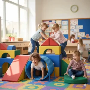 Soft foam climbing blocks and tunnels designed as active-play kindergarten toys for physical growth.