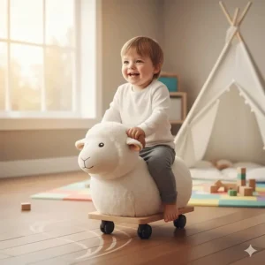 A soft, plush ride on toy with multi-directional caster wheels perfect for toddlers playing on hardwood floors.