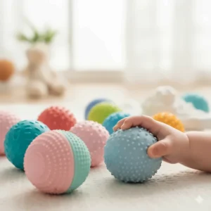 A set of multi-textured sensory balls designed for infant tactile development and grip practice.
