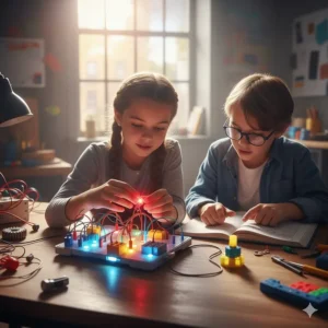 Two older children collaborating and playing with a light-up circuit building kit to learn electronics.