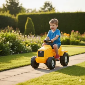 A yellow plastic ride-on pedal tractor for kids outdoors, promoting gross motor skills development.