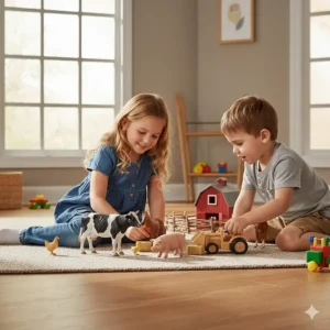 Two children actively playing with toy farm animals in a miniature barnyard setting, showing engagement and creative storytelling.