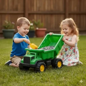 Two children happily playing outside with a durable, big farm toy dump truck, loading it with small pebbles.