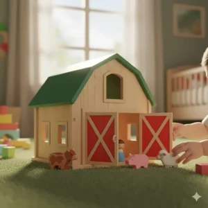 A detailed, eco-friendly wooden barn playset with opening doors and small toy farm animals, a classic toy for toddlers and older children.