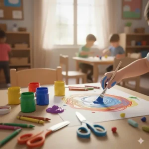 Child-safe finger paints and brushes representing creative kindergarten toys and activities.