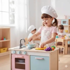 A miniature play kitchen and plastic food items illustrating imaginative kindergarten toys.