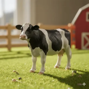Close-up of a detailed, durable plastic toy farm cow standing in a green field, highlighting its quality and realistic design.