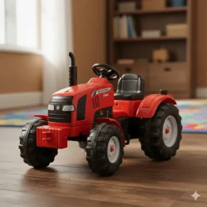 Close-up of a durable, large toy tractor in bright red with thick rubber tires, one of the most popular big farm toys for kids.