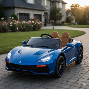 A sleek, licensed 24v ride on toy sports car with realistic LED headlights and leather seats.