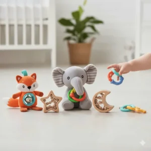 Soft plush rattles and musical shakers used as auditory sensory toys for infants to learn cause and effect.