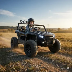 A 24v ride on toy buggy with large treaded tires driving over grass and dirt.