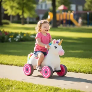 A child riding a wheeled unicorn toy on a paved sidewalk during outdoor play.