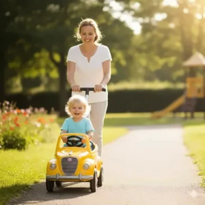 A toddler ride on toy car featuring a long parent-assist handle for safety and steering control during walks.