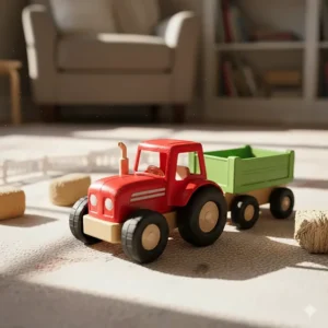 A detailed shot of the red plastic toy tractor included in the farm set, with its detachable trailer and large wheels for realistic play.