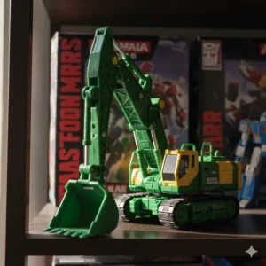 A close-up of the Scavenger Armada excavator toy, demonstrating its articulation and construction vehicle details.