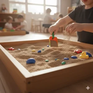A sensory bin filled with kinetic sand and small shovels used as interactive kindergarten toys.