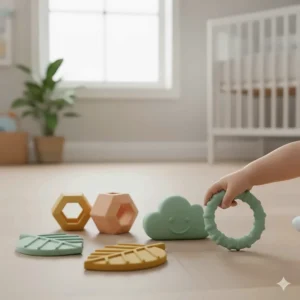 BPA-free silicone teething rings providing oral sensory input for infants during the teething stage.