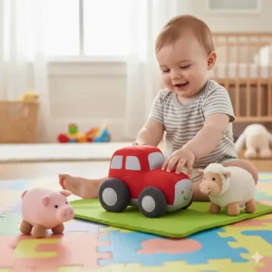 Soft, chunky, and durable farm toys specifically designed for toddlers aged 1 to 3, including a simple push-along vehicle.