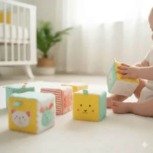 Stackable soft fabric blocks with different patterns to help infants develop fine motor sensory skills.