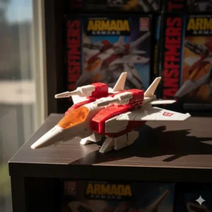 The classic red and white Starscream Armada jet toy, posed with its iconic Null Ray cannons.