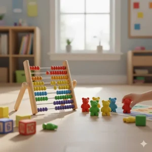 An illustration of an abacus and counting bears, essential kindergarten toys for early math skills.