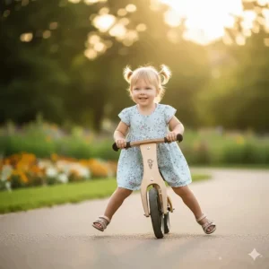 A wooden balance bike for toddlers helping to develop motor skills and coordination before a real bicycle.