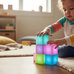 Close-up of a toddler's hands exploring glowing neon light-up blocks during sensory play.
