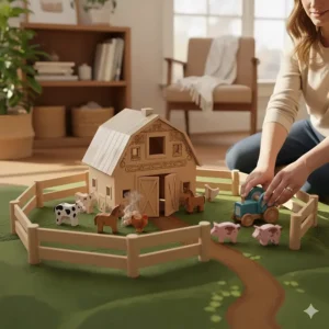 A young child engaging in imaginative play with a natural wooden toy farm on a living room rug.
