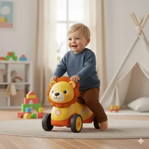 A classic foot-to-floor ride on toy for toddlers designed like a friendly animal for indoor play.