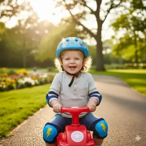 Illustration of a toddler wearing a colorful safety helmet and knee pads while using a ride on toy.