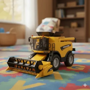 A detailed yellow toy combine harvester driving across a play mat, demonstrating the realistic features of big farm toys.