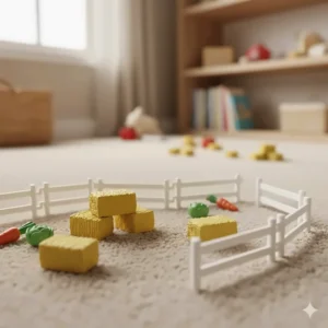 Collection of small toy farm accessories, including plastic hay bales, fencing, and miniature vegetables, enhancing the realism of children's farm toys.