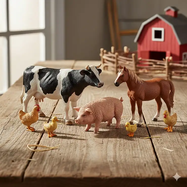 A complete set of realistic, colorful toy farm animals including cows, pigs, horses, and chickens, displayed on a wooden surface, perfect for imaginative play.