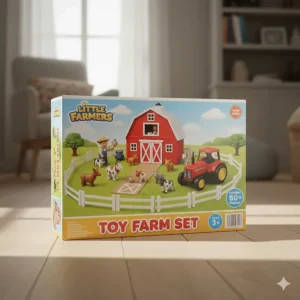 A clear, professional shot of the front of the retail box packaging for the complete toy farm set, highlighting the manufacturer's logo and recommended age.