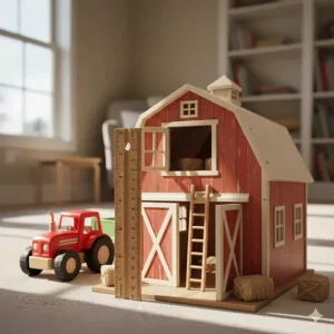 An image showing the size scale of the toy farm set by placing a familiar object, like a standard ruler, next to the main barn or tractor.
