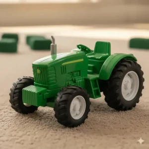 Close-up of a durable green toy farm tractor, perfect for toddlers and children who love farm toys and vehicles.
