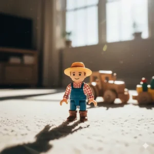 A small, articulated plastic figurine of a friendly farmer accessory, designed to fit inside the tractor and complement the toy farm set.