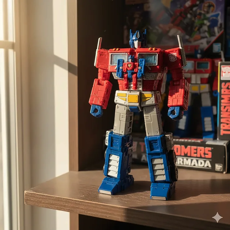 A detailed shot of the Transformers Armada Optimus Prime toy in robot mode, highlighting its Super Mode transformation and Minicon partner. transformers armada toys