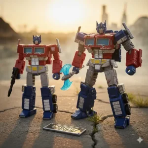 A comparative image placing a new Legacy figure next to its original G1 toy counterpart, illustrating the modern updates and advancements in the design of current Transformers action figures.