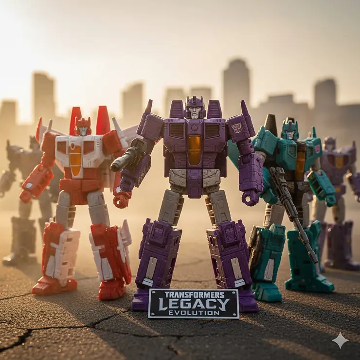 A lineup of prominent Decepticon Transformers Legacy toys, such as Starscream and Galvatron, showcasing the villains available in the line.