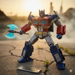 A dynamic, detailed photograph of the Transformers Legacy Evolution line's Optimus Prime figure, showcasing its articulation and premium paint applications, which highlights the quality of modern Legacy toys.