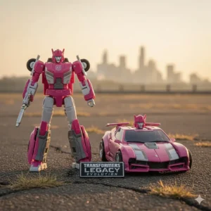 A side-by-side view of a single Transformers Legacy figure, like Elita-1, in both its robot and vehicle modes to highlight the transformation engineering of the toy.